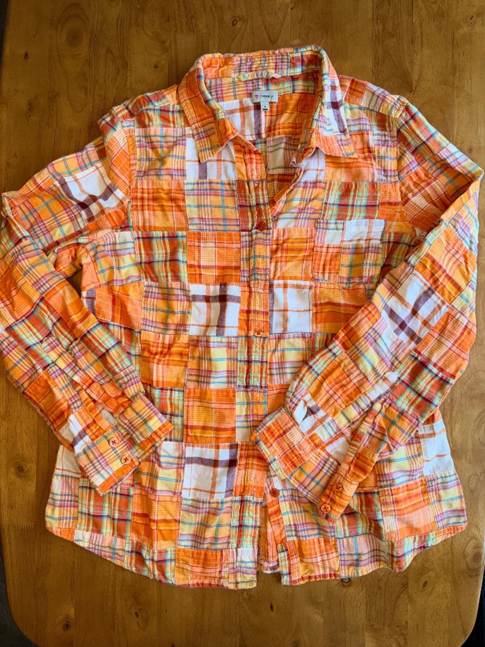 Cremieux Womens Patchwork Plaid Button Down Shirt Orange Multicolor Cotton L 442